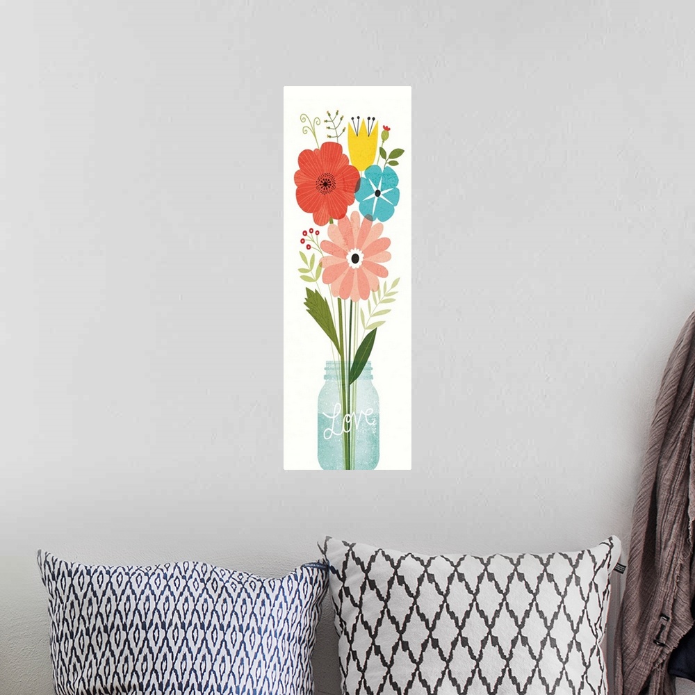 A bohemian room featuring Tall, rectangular art of wildflowers in a mason jar with the word "Love" etched on it.