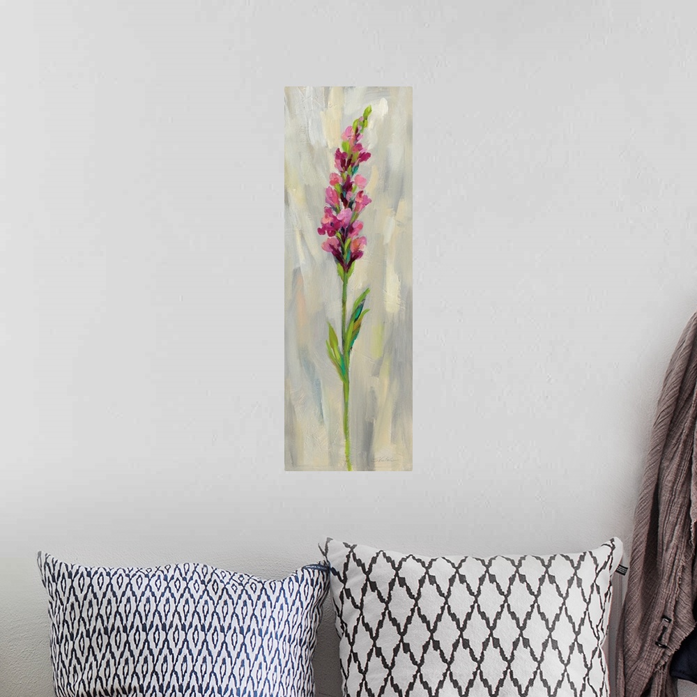 A bohemian room featuring Long vertical contemporary painting of a pink gladiola with brush stoke textured background.