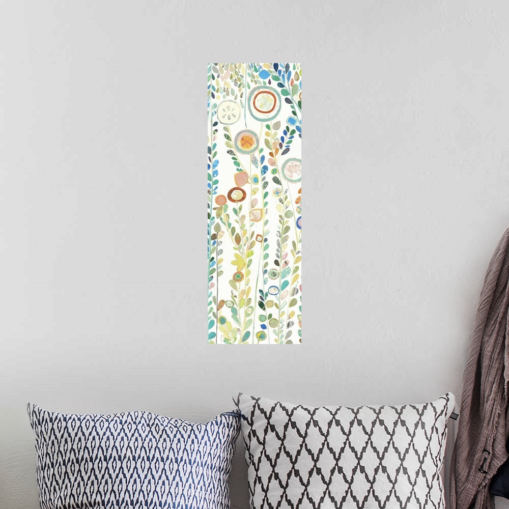 A bohemian room featuring Lighthearted and abstract floral contemporary floral art.