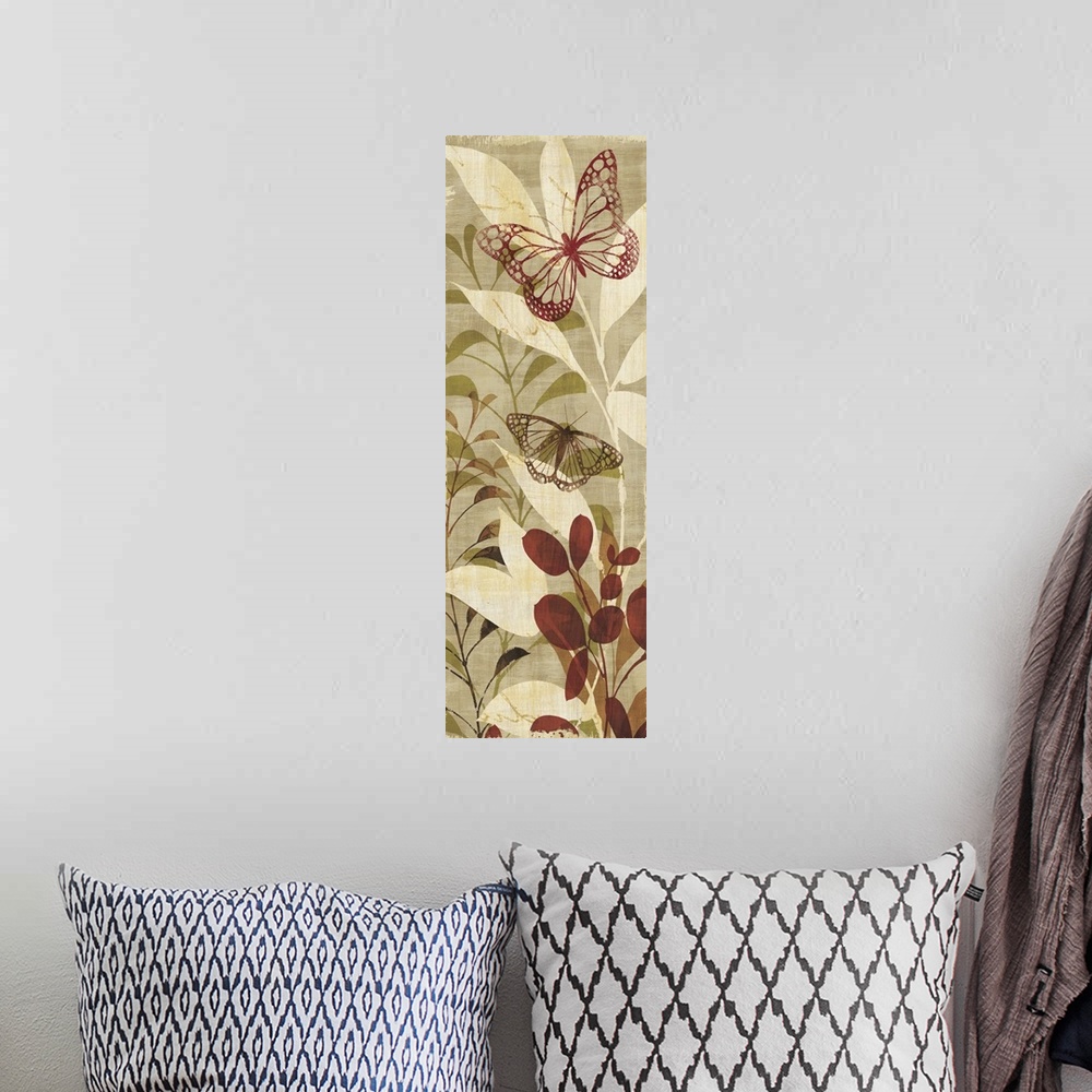 A bohemian room featuring Contemporary artwork of butterfly outlines against a background of flowers and plants.