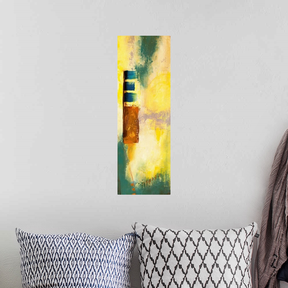 A bohemian room featuring Contemporary abstract painting using bright yellow and dark green.