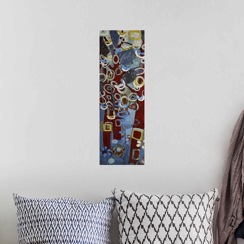 A bohemian room featuring This abstract interpretation of trees features a collage of cut paper in various color, size and ...