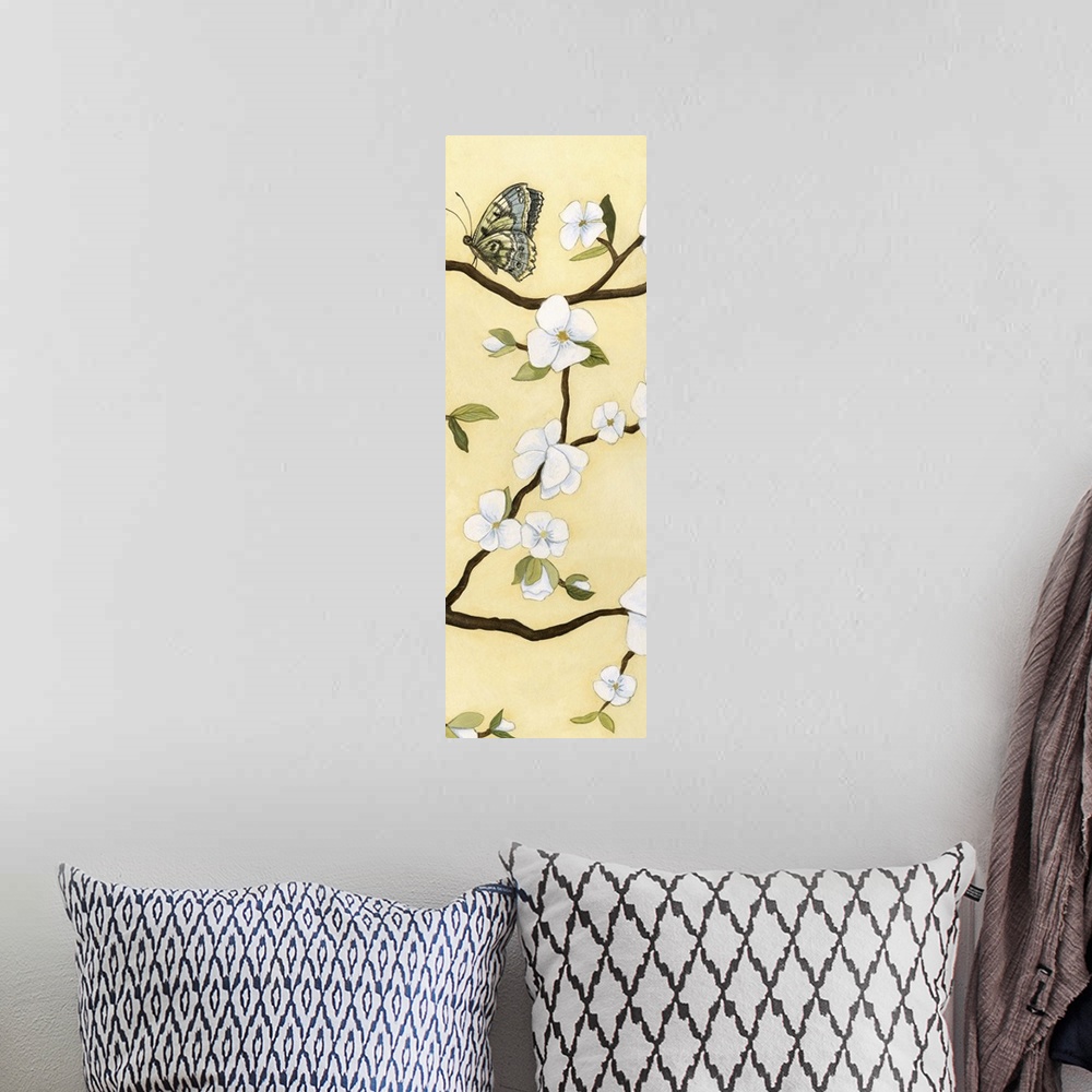 A bohemian room featuring Contemporary decor artwork of white flowers on a dark brown tree branch against a pale yellow bac...