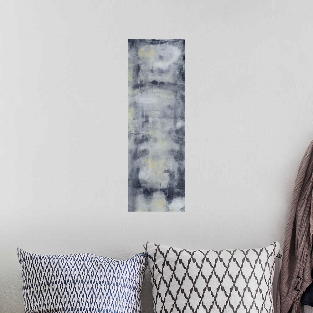 A bohemian room featuring Contemporary abstract painting using smokey gray and blue tones.