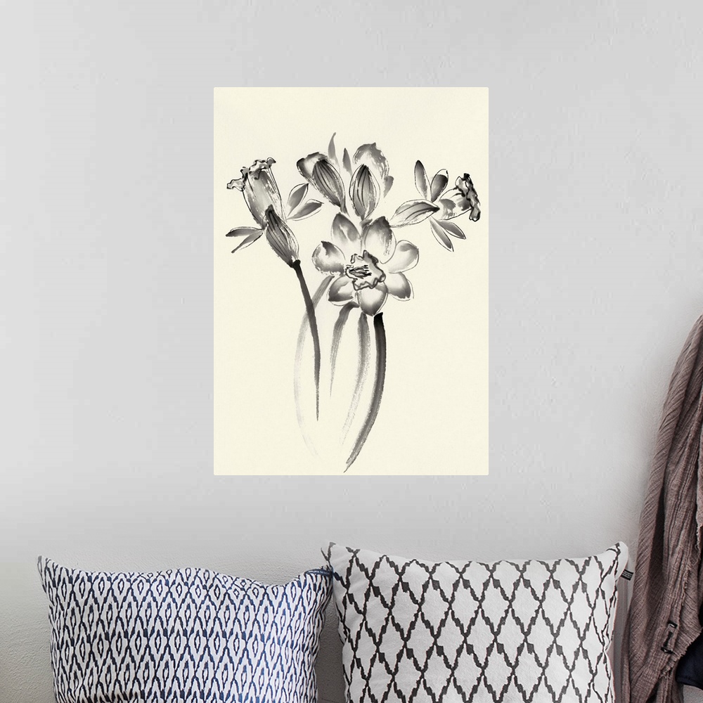 A bohemian room featuring Ink Wash Floral I - Daffodils