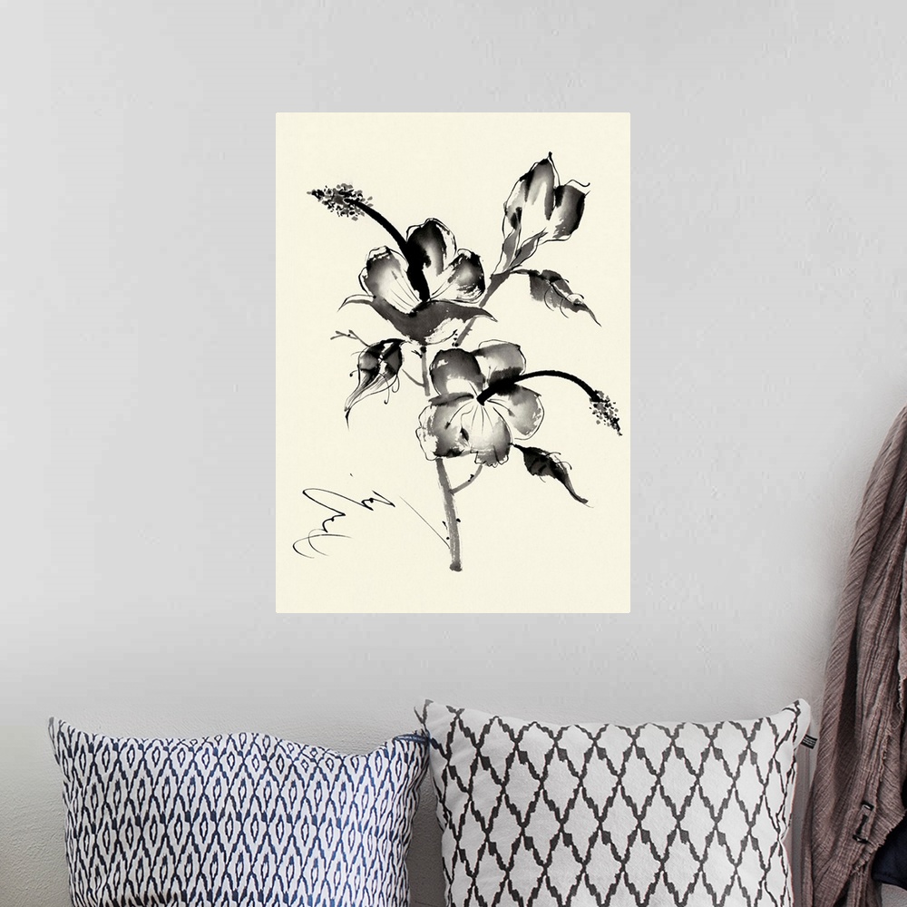 A bohemian room featuring Ink Wash Floral III - Hibiscus