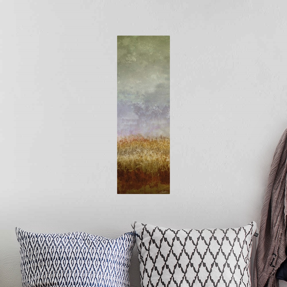 A bohemian room featuring A contemporary abstract painting of a golden field under a gray sky.