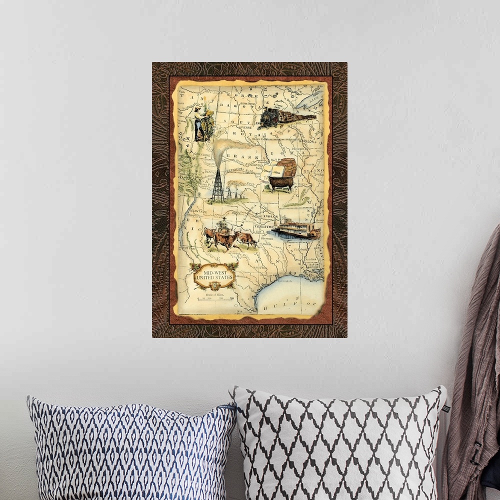 A bohemian room featuring Midwest States Map