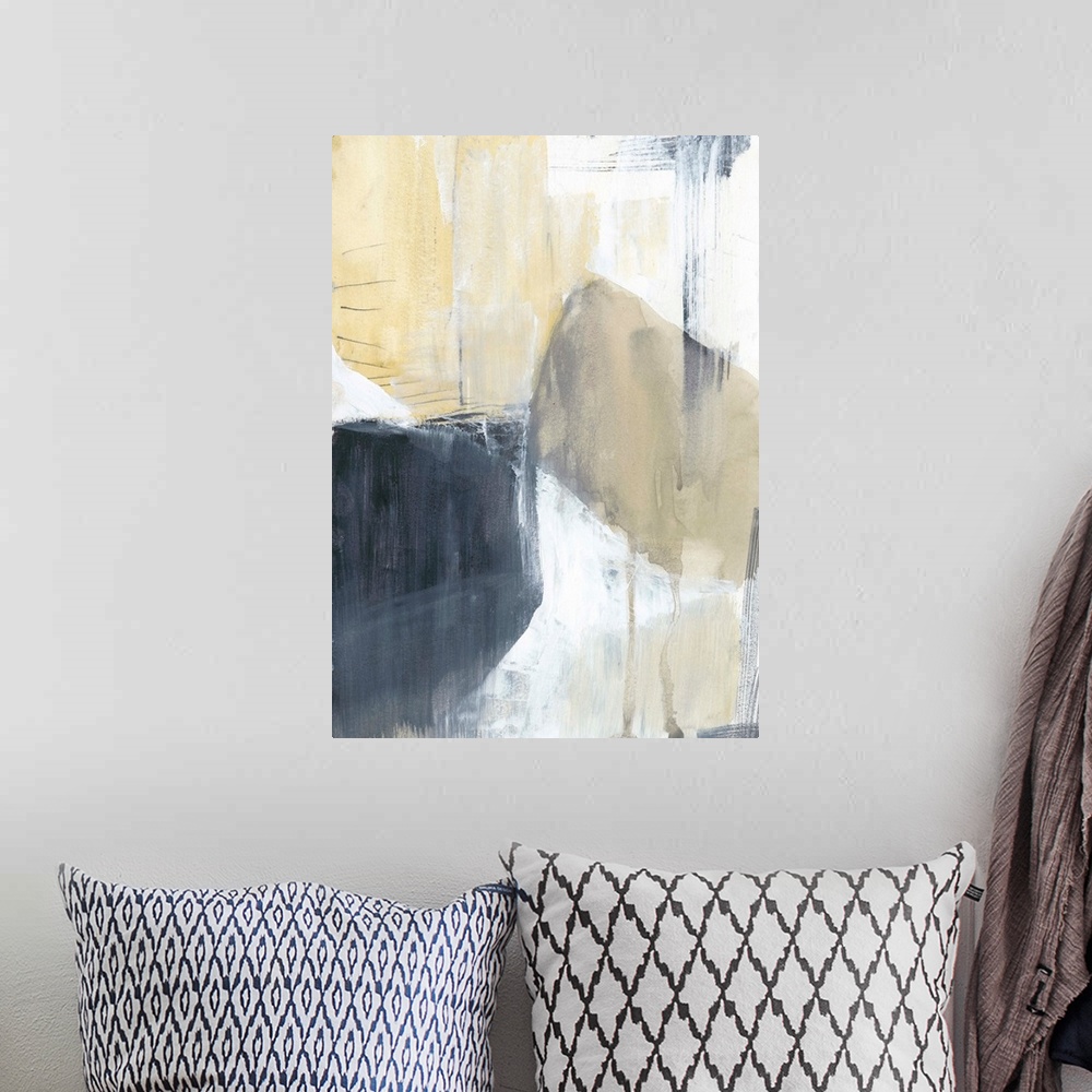A bohemian room featuring This contemporary artwork features blocks of gray and yellow with distressed textures to illustra...