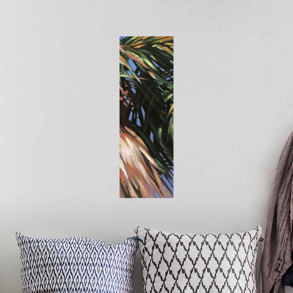 A bohemian room featuring Contemporary colorful painting of a tropical palm frond.