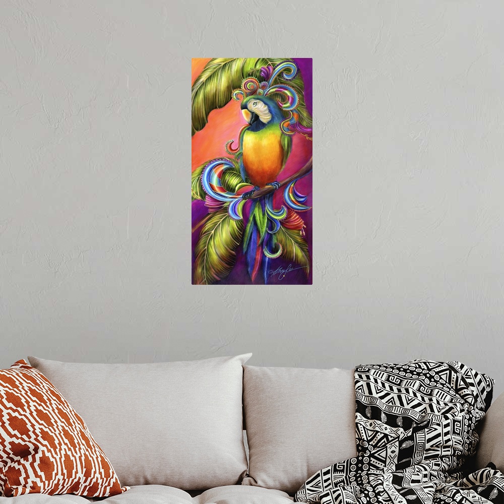 A bohemian room featuring A colorful vertical painting of a parrot perched on a tree branch against a vibrant background.