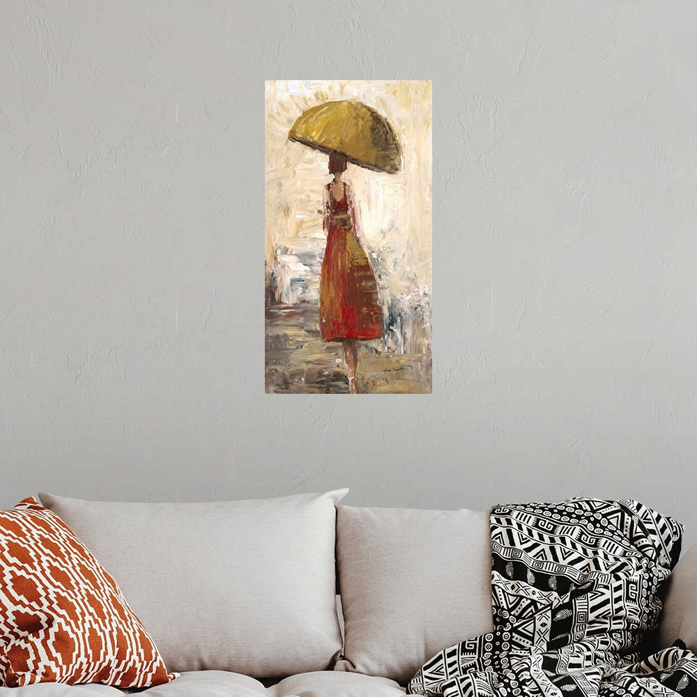 A bohemian room featuring Contemporary painting of a woman in a red dress walking under a yellow umbrella.
