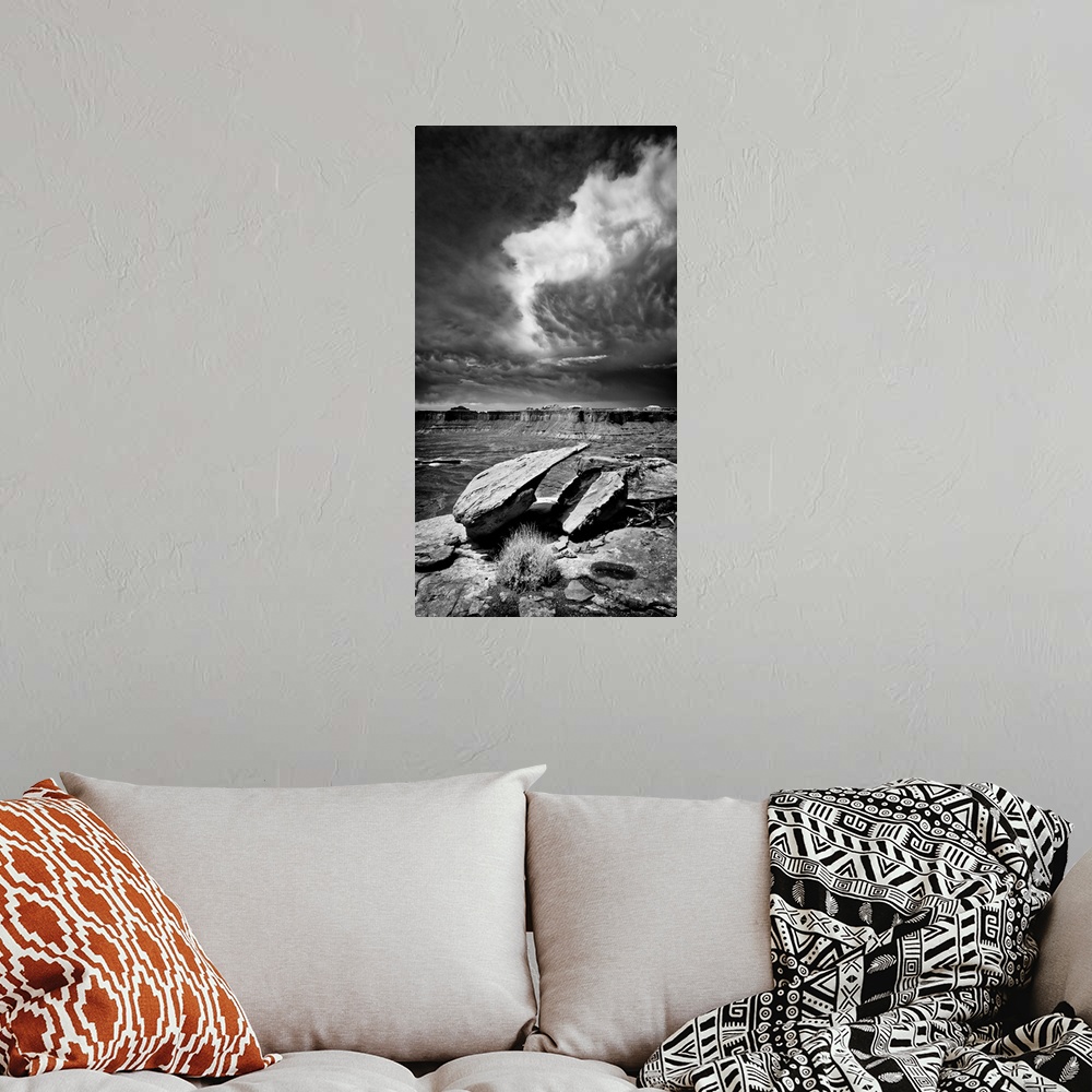 A bohemian room featuring Desert, mountains, clouds, black and white photography