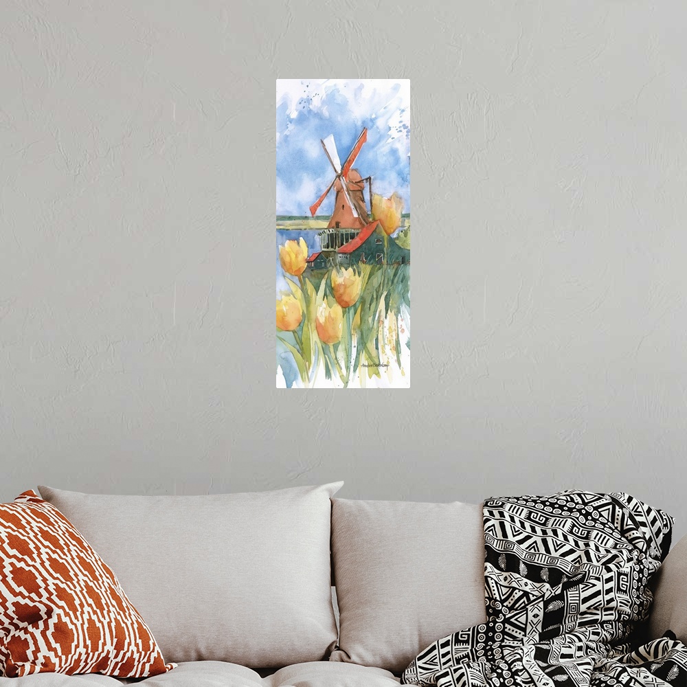 A bohemian room featuring Contemporary watercolor painting of flowers, with a windmill in the background.