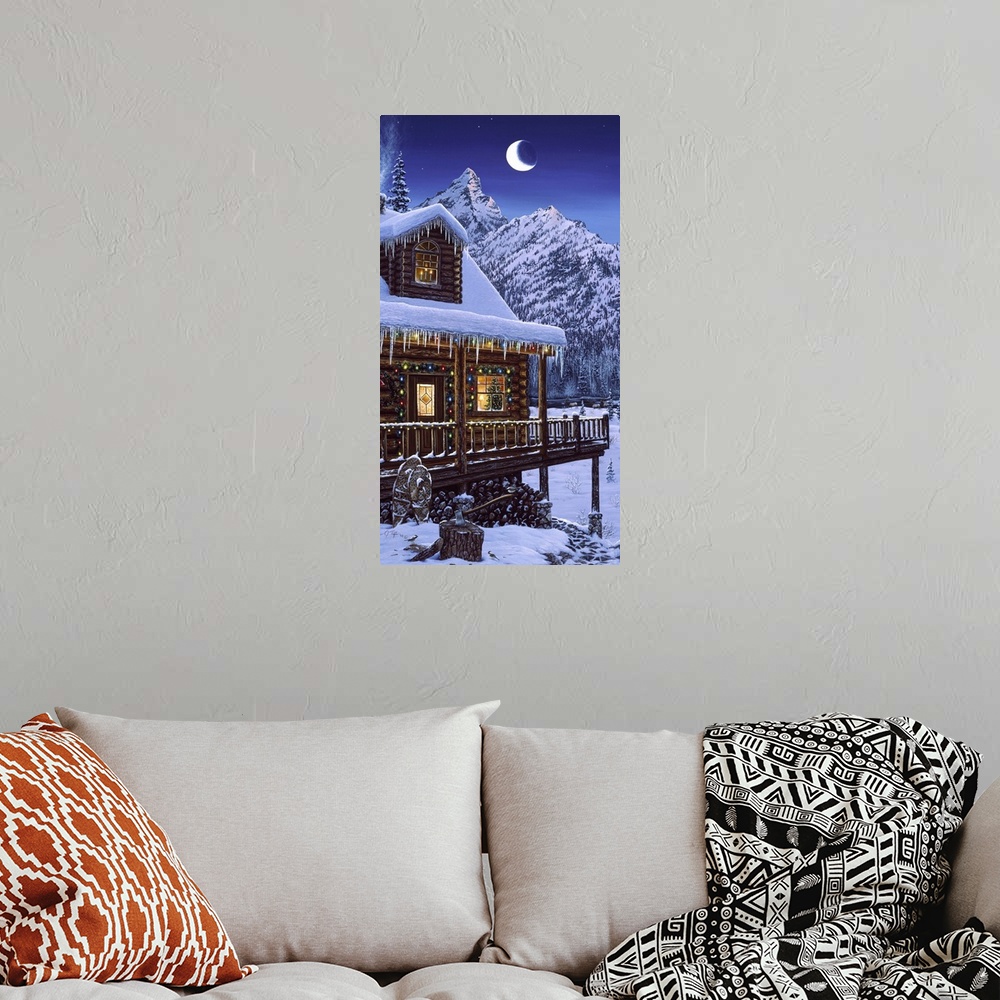 A bohemian room featuring a log cabin, decorated for christmas, snow all around with a crescent moon shining