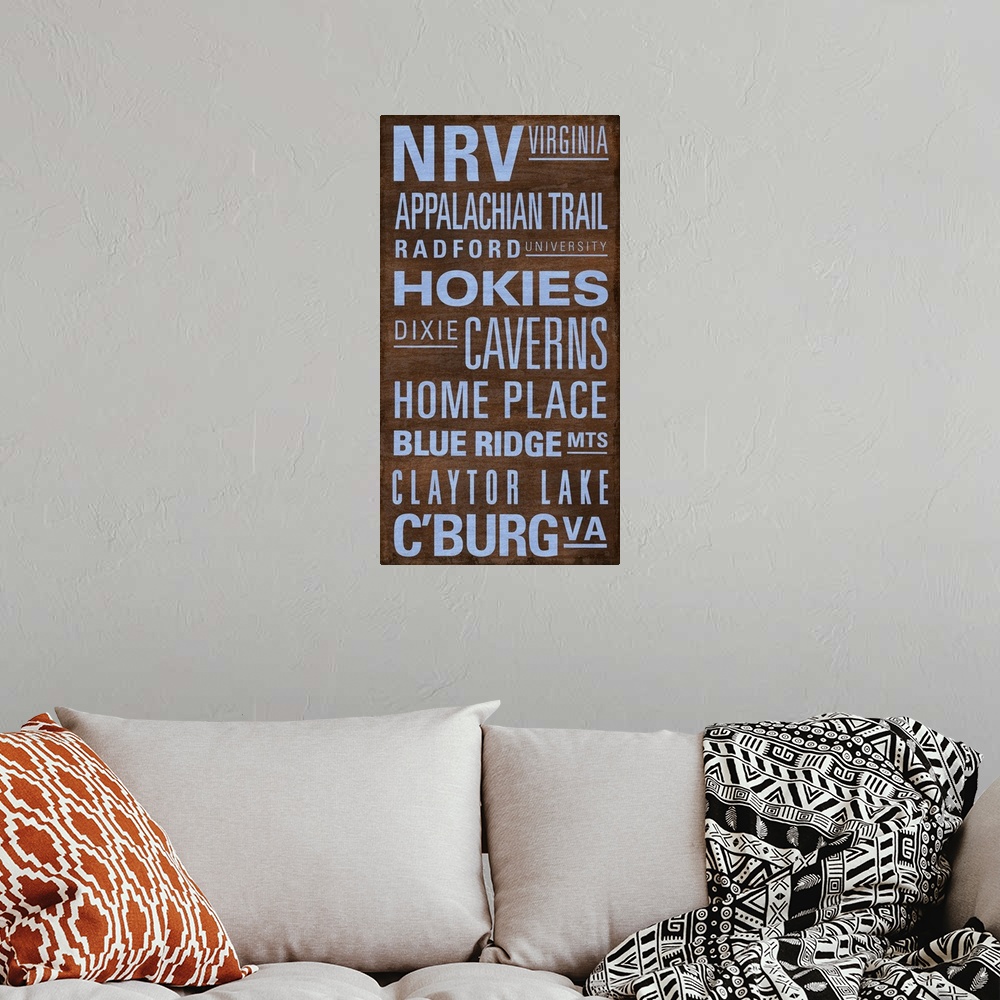 A bohemian room featuring Bus roll listing significant places and interests in the New River Valley, Virginia.