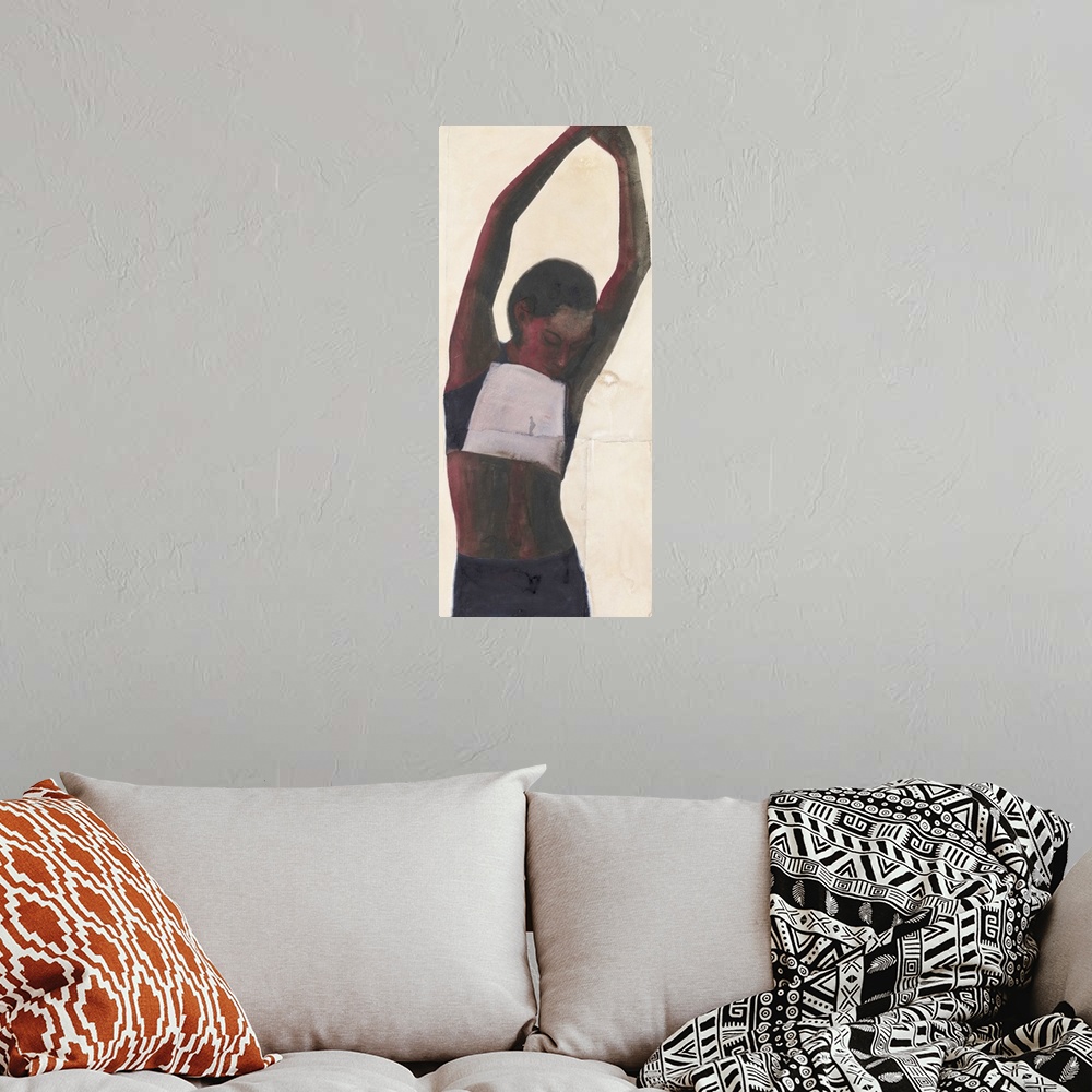 A bohemian room featuring Contemporary watercolor painting of an athlete stretching her arms up into the air.