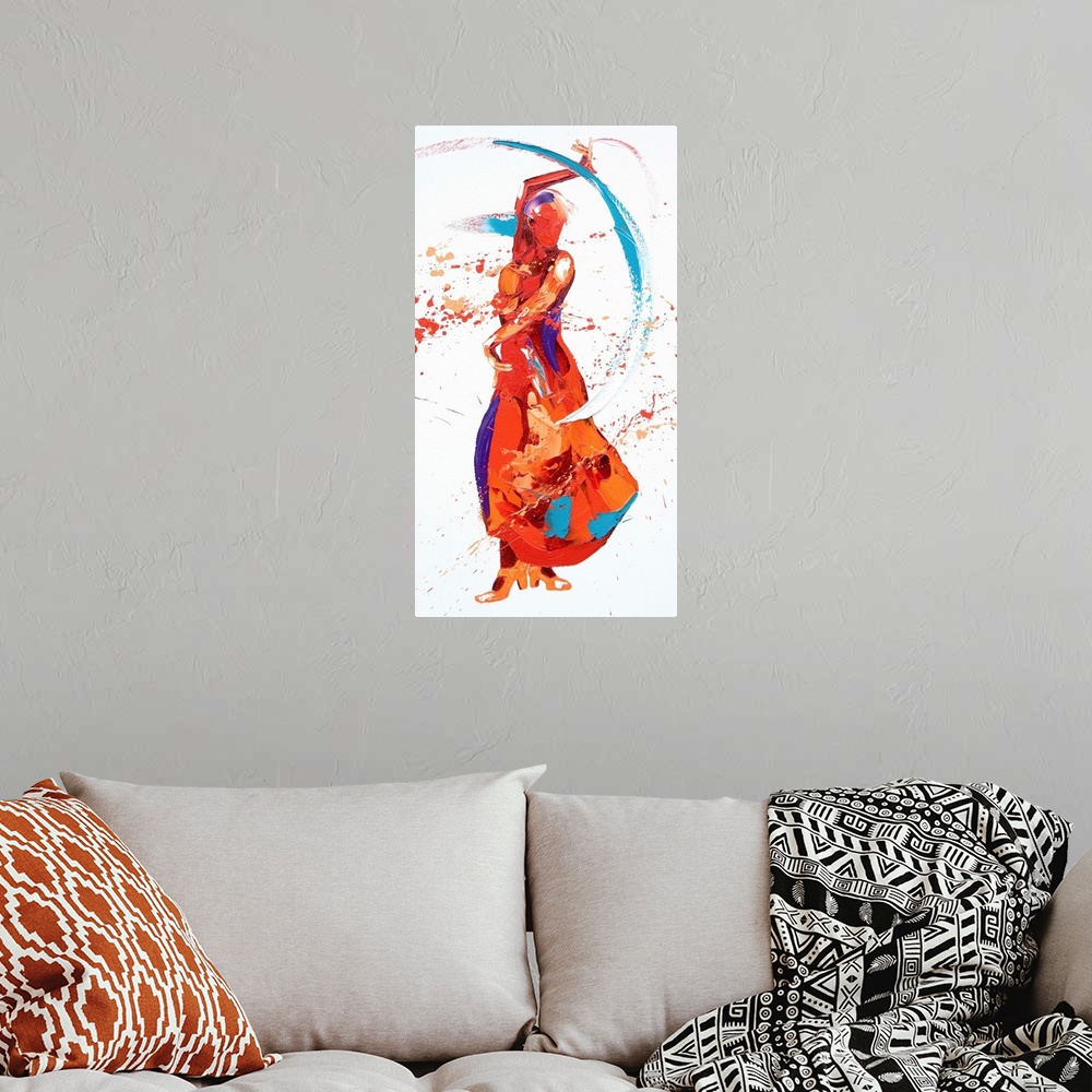 A bohemian room featuring Contemporary painting using deep warm colors to create a woman dancing against a white background.