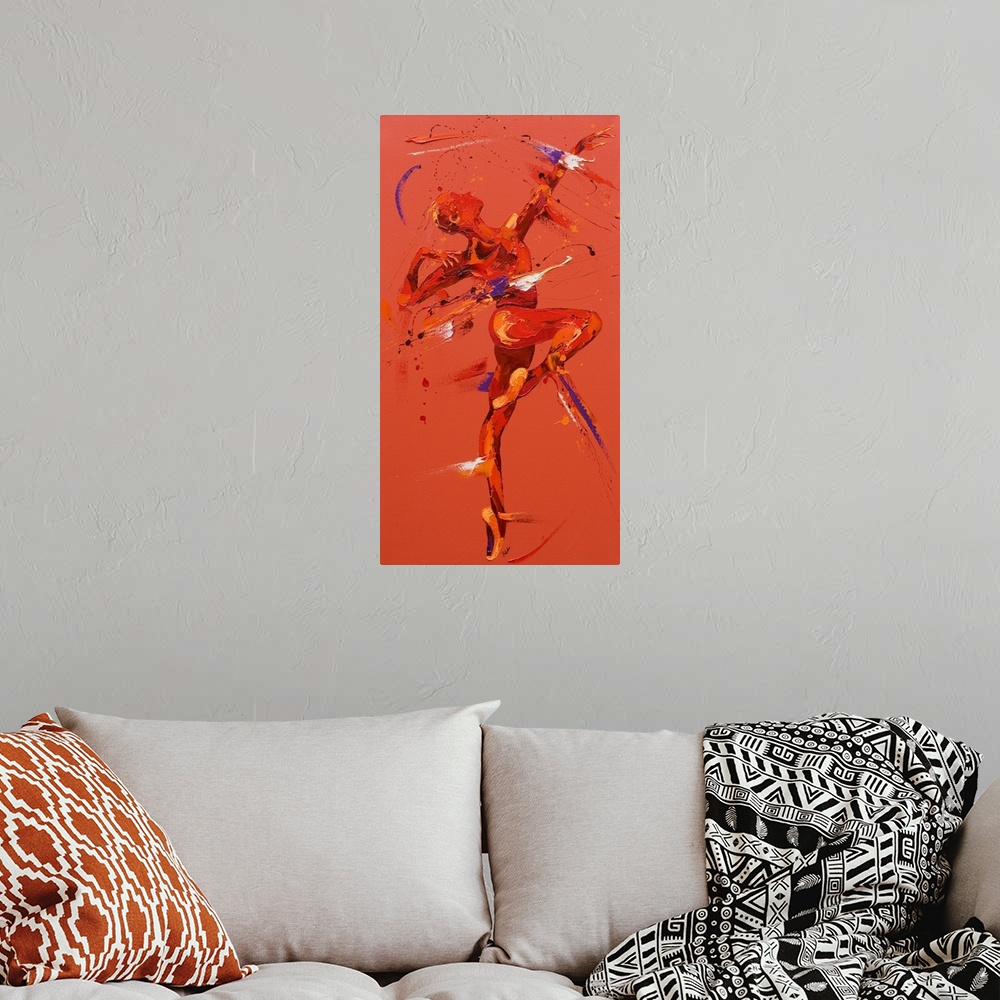 A bohemian room featuring Contemporary painting using warm red tones to create a dancing figure.