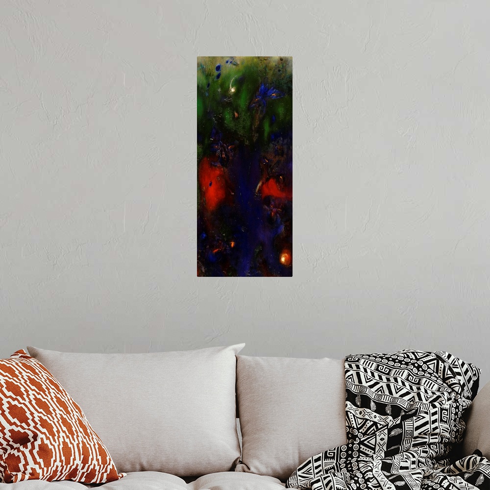 A bohemian room featuring Contemporary abstract painting resembling a garden with flowers.