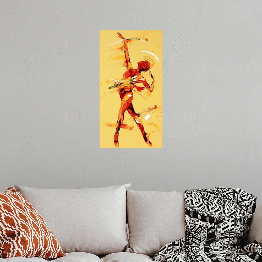 A bohemian room featuring Contemporary painting using warm red and yellow tones to create a dancing figure.