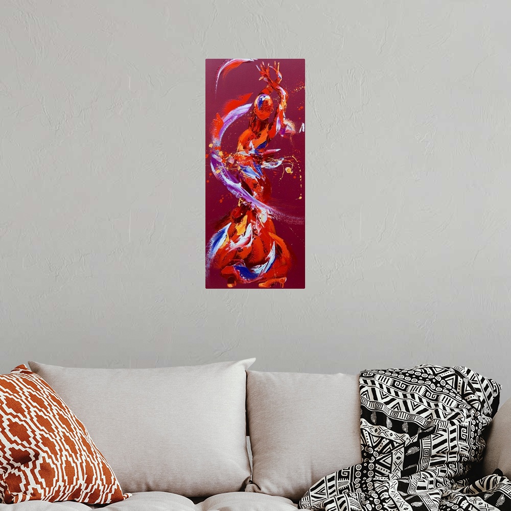A bohemian room featuring Contemporary painting using deep warm colors to create a woman dancing against a deep red backgro...