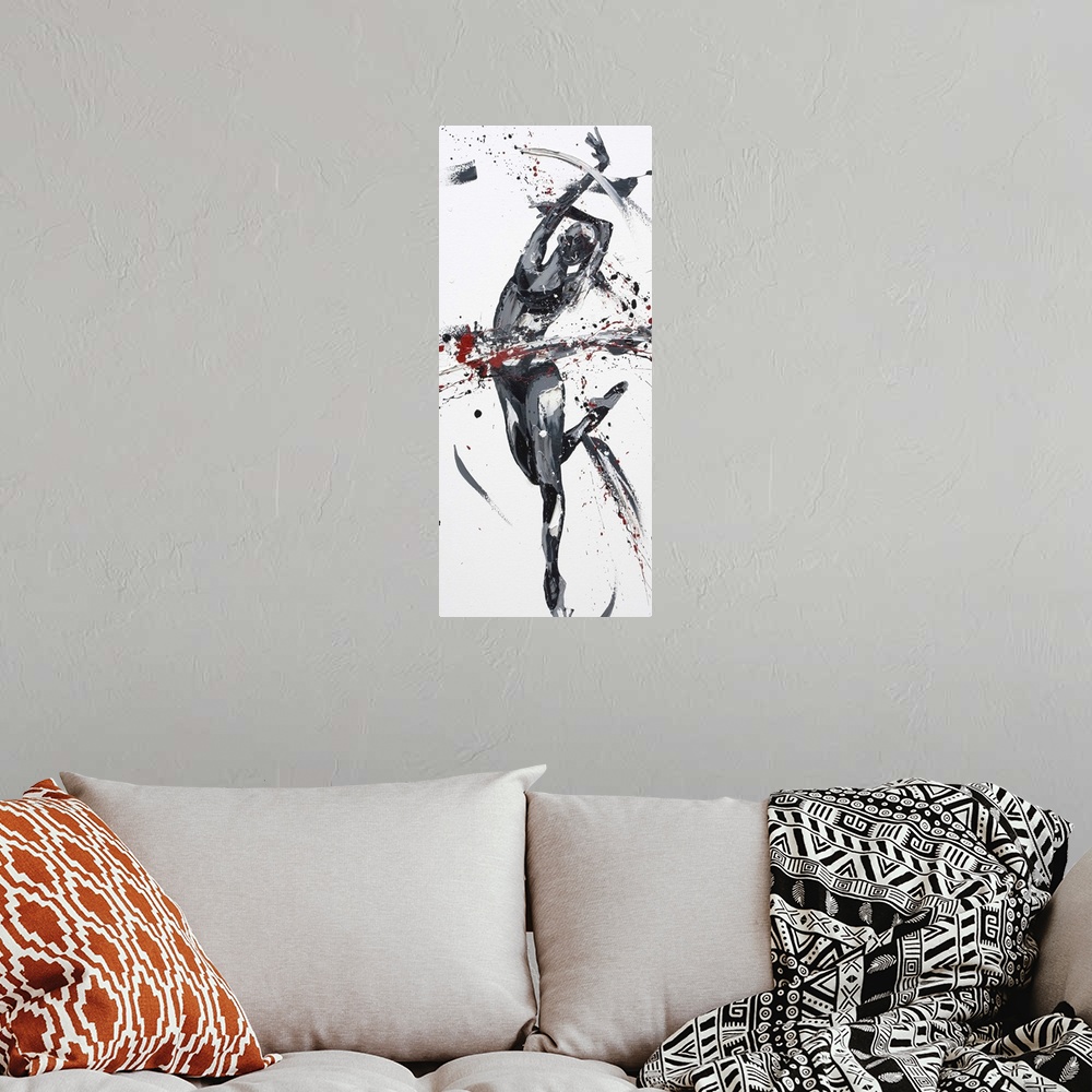 A bohemian room featuring Contemporary painting using gray scale  tones to create a dancing figure.