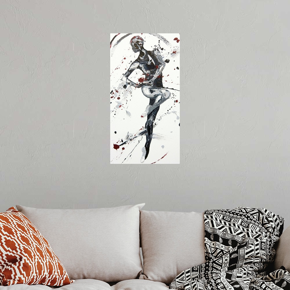 A bohemian room featuring Contemporary painting using black and gray tones to create a dancing figure against a white backg...