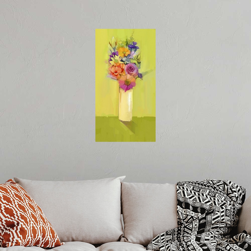 A bohemian room featuring Still life of white, yellow and red color flowers. Originally an oil painting a bouquet of rose, ...