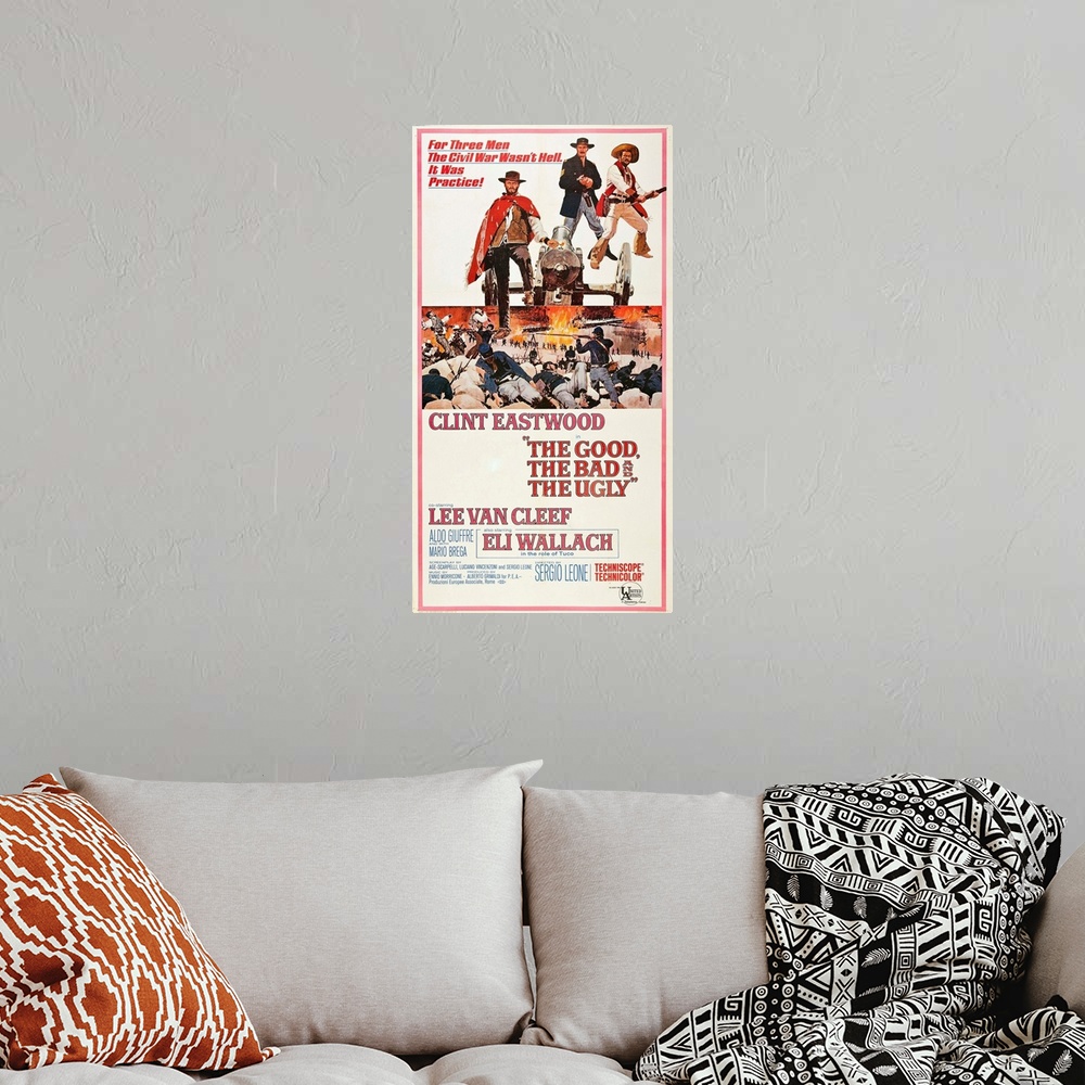 A bohemian room featuring The Good, The Bad, and The Ugly - Vintage Movie Poster