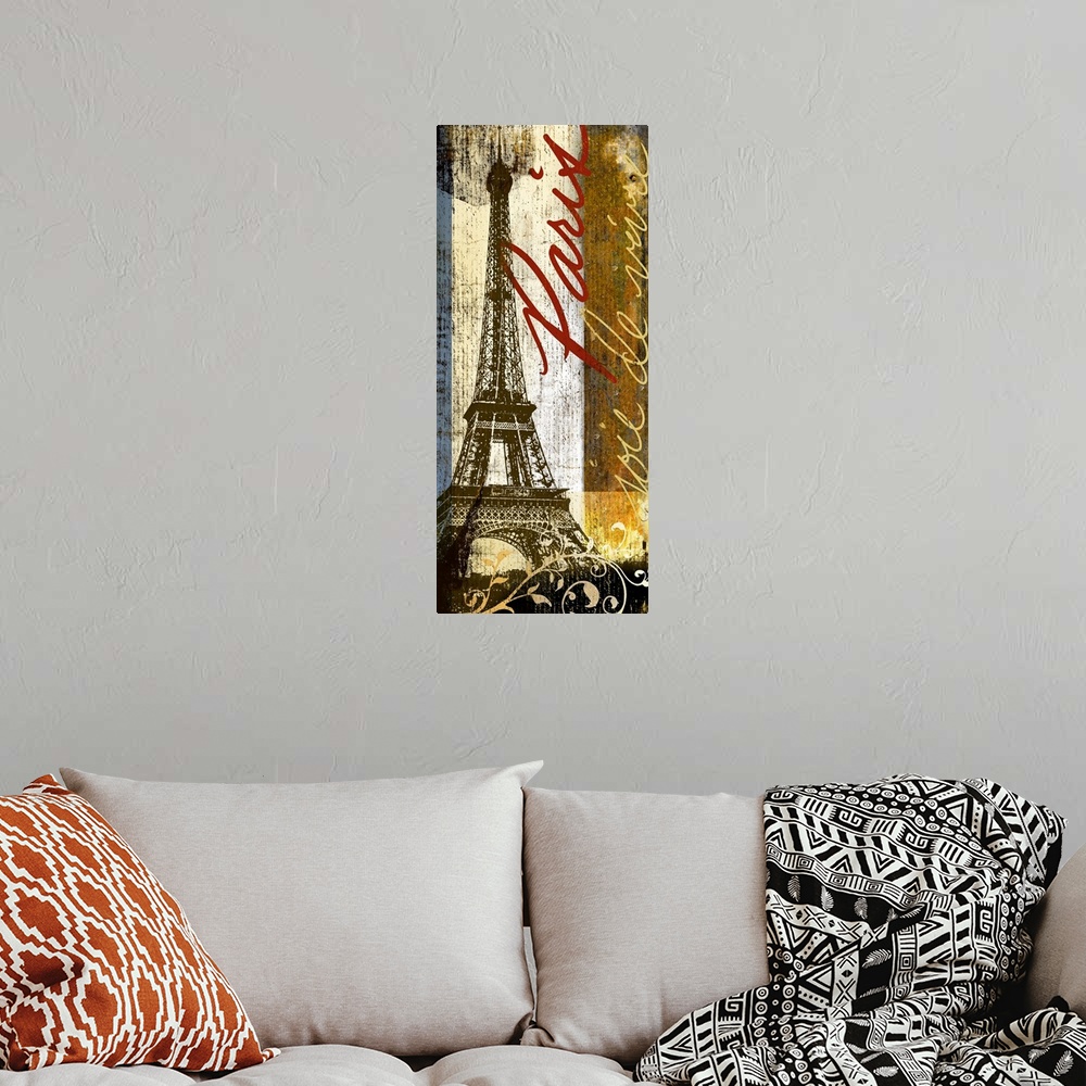 A bohemian room featuring This vertical decorative accent is a rendering of the Eiffel Tower collaged with paper textures, ...