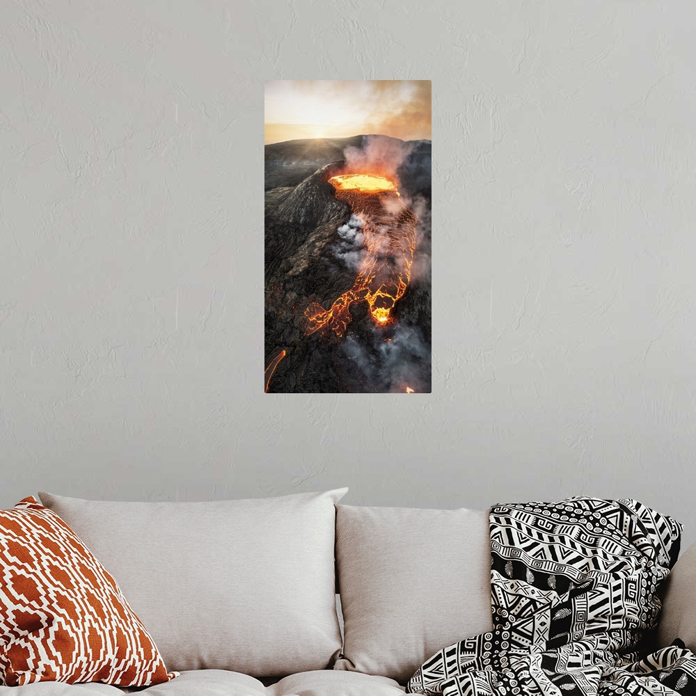A bohemian room featuring Fagradalsfjall volcano during an eruption, Sudurnes, Iceland.