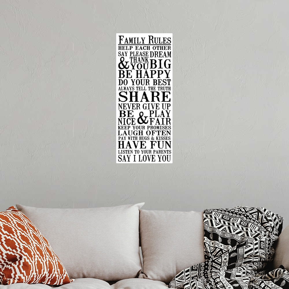 A bohemian room featuring Family Rules, black on white