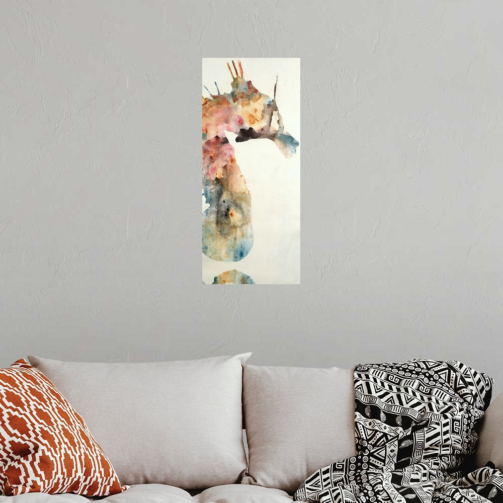 A bohemian room featuring Contemporary painting of a seahorse with beach appropriate colors mixed together on a panel sized...