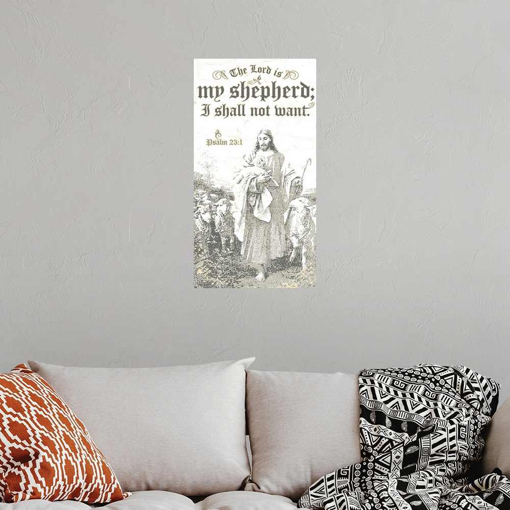 A bohemian room featuring Distressed typography of the scripture bible verse Psalm 23:1  The Lord is my shepherd, I shall n...