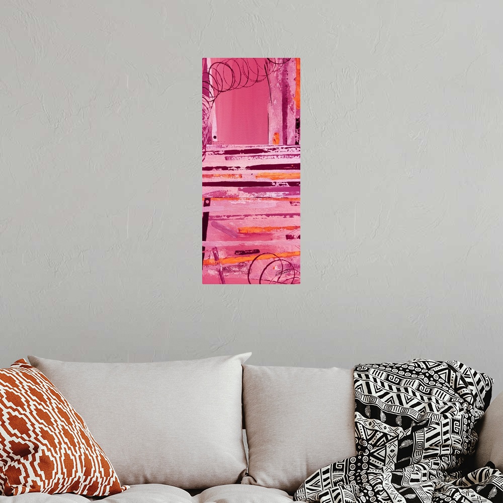 A bohemian room featuring Tall abstract painting in shades of pink, red, and orange with maroon swirling designs on top.