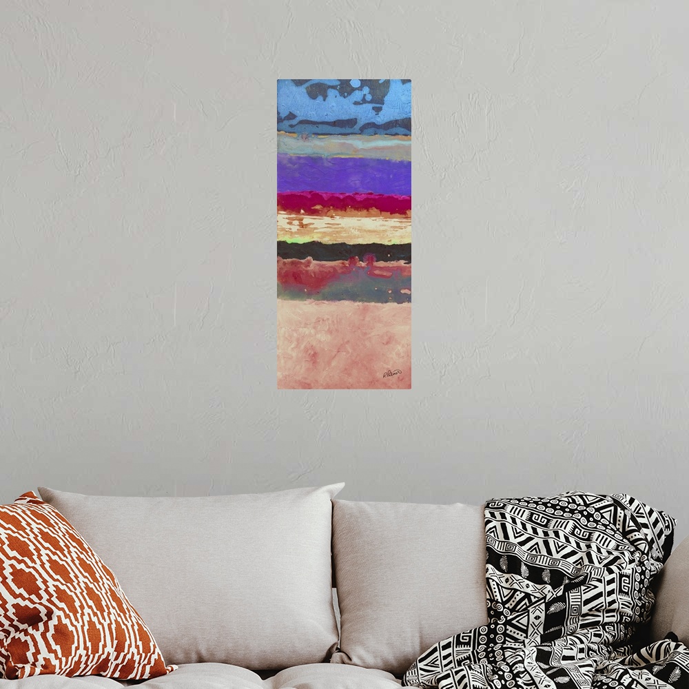 A bohemian room featuring Panel abstract painting with horizontal bands of color in shades of blue, purple, pink, gray, and...