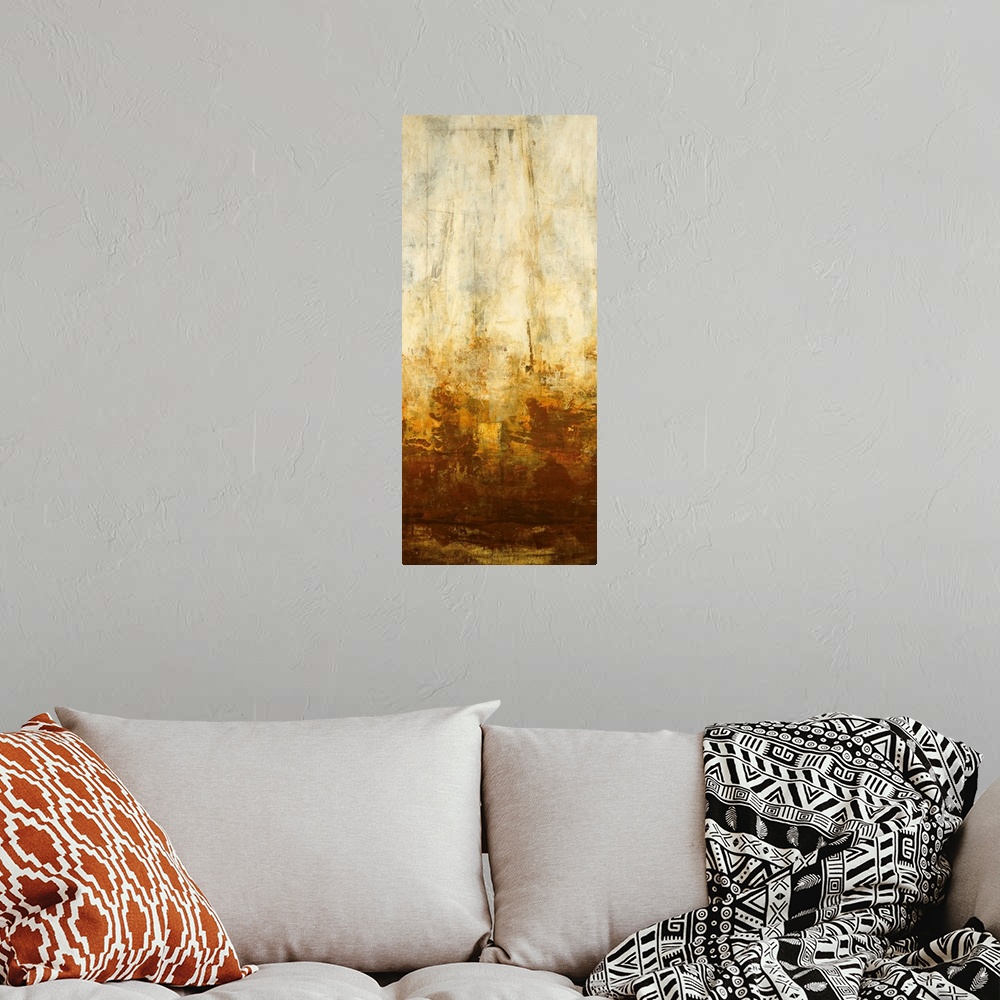 A bohemian room featuring Panoramic abstract art incorporates a distressed bare light background with a base of weathered r...