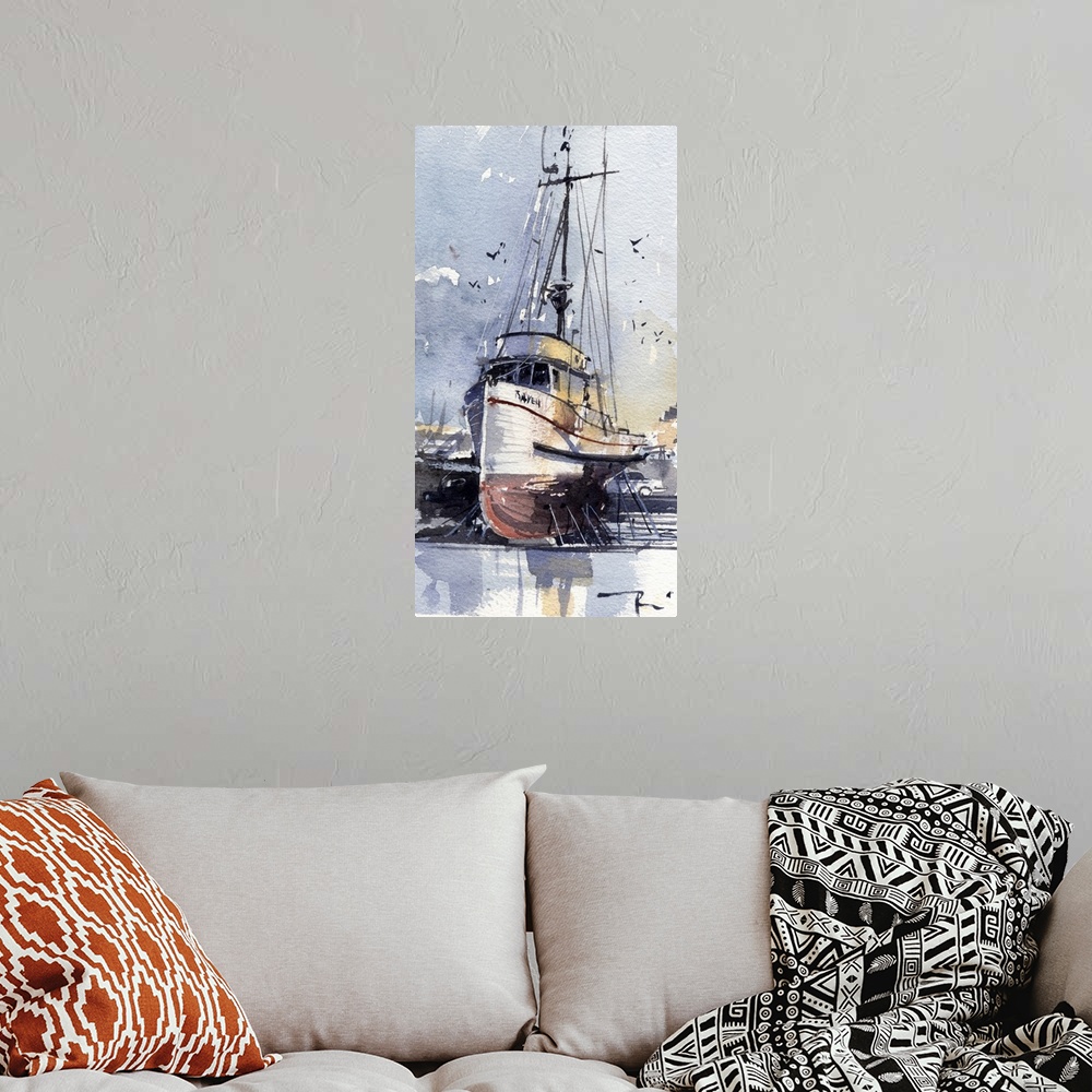 A bohemian room featuring Gestural brush strokes of muted watercolors illustrate a ship on land awaiting repairs.
