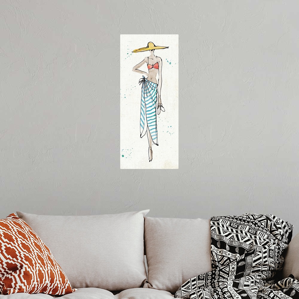 A bohemian room featuring Fashion drawing of a woman in a swimsuit and towel.