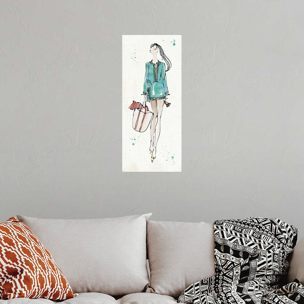 A bohemian room featuring Fashion drawing of a woman with a ponytail and totebag.