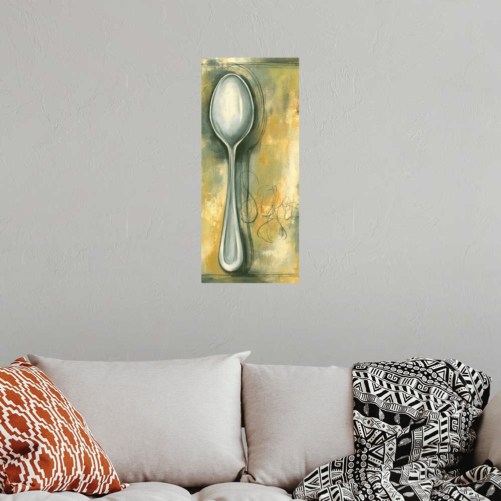 A bohemian room featuring Tall painting of a spoon against an abstract background.