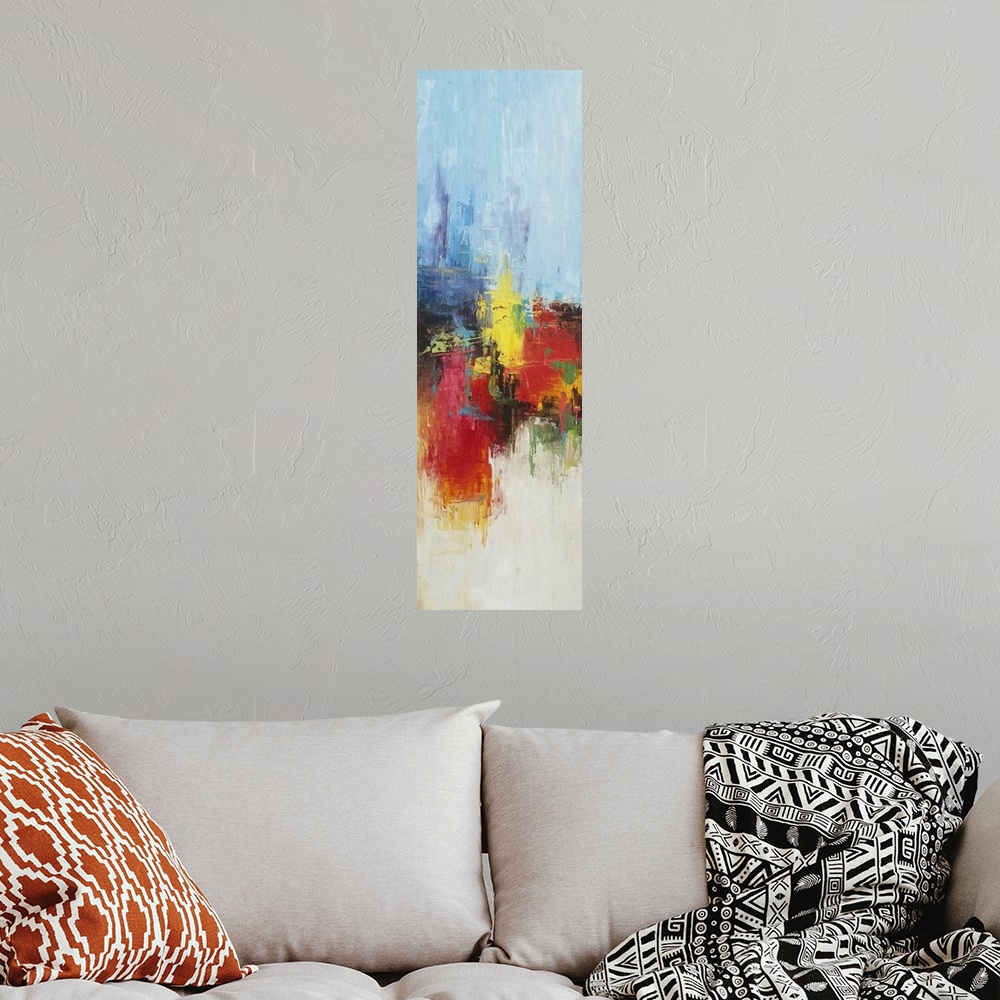 A bohemian room featuring Contemporary abstract painting using vibrant cool tones colliding with a raw earth tones to creat...