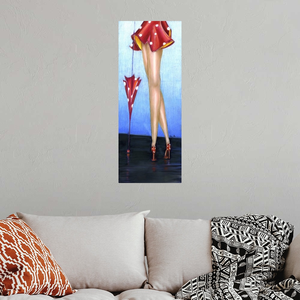 A bohemian room featuring A long vertical painting of a female's long legs in red heels with an umbrella.