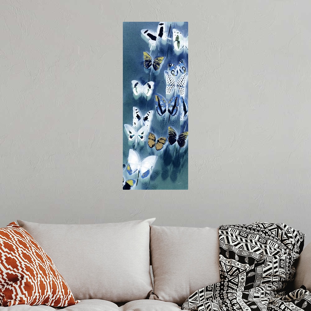 A bohemian room featuring Vibrant blue butterfly art that makes a great addition to any home.