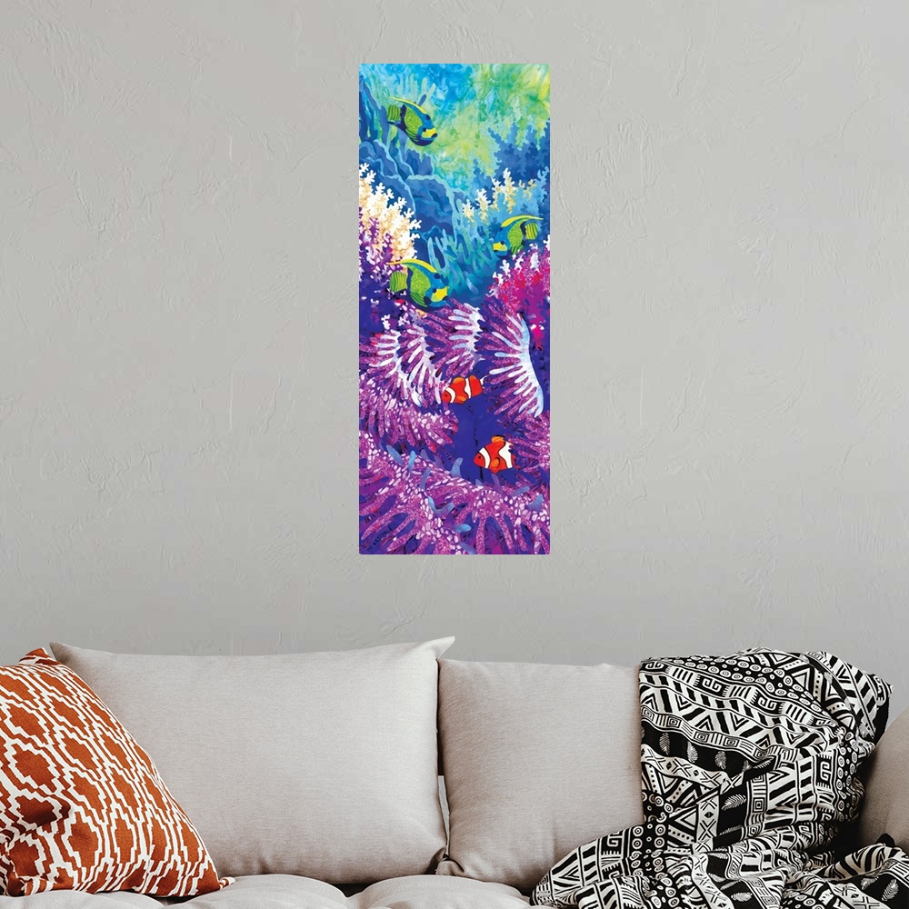 A bohemian room featuring Contemporary colorful painting of a tropical fish swimming around a coral reef.