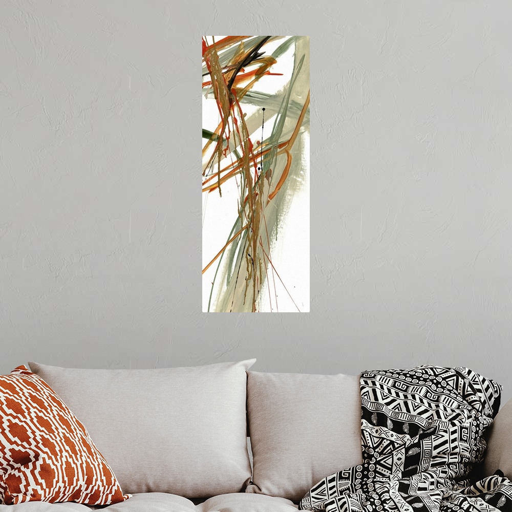 A bohemian room featuring A contemporary abstract painting using earthy tones and aggressive slash strokes.