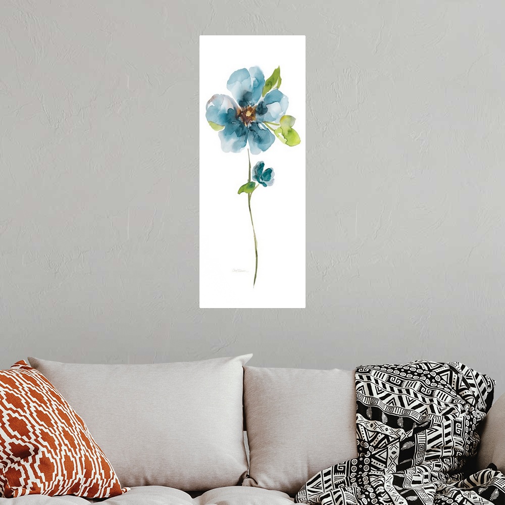 A bohemian room featuring Watercolor painting of a bright blue flower on a white background.