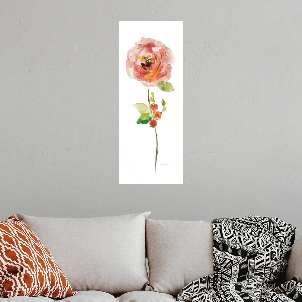 A bohemian room featuring Watercolor painting of a bright orange flower on a white background.