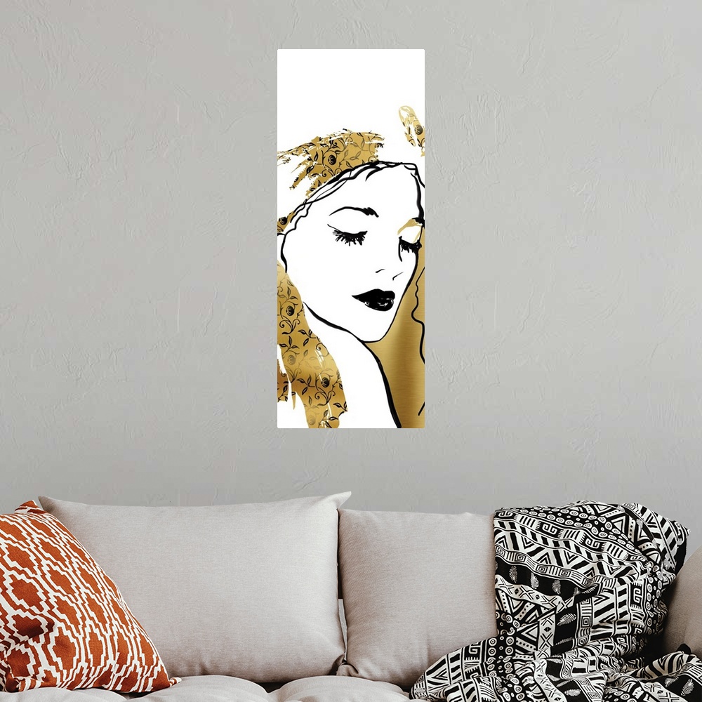 A bohemian room featuring Large illustration of a woman in gold, black, and white.